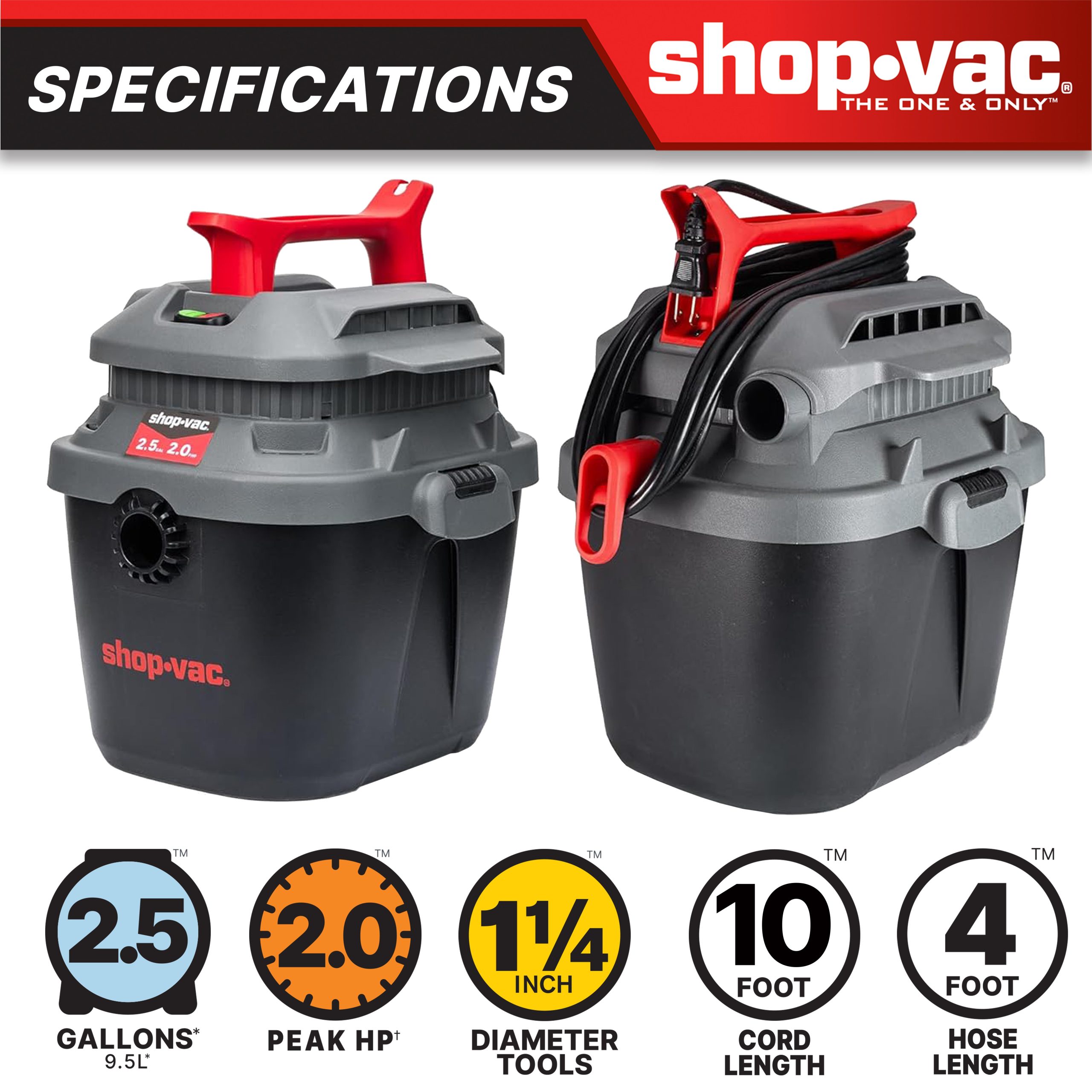 Shop-Vac® 2.5 Gallon 2.0 Peak HP Square Wet/Dry Vacuum - Image 3
