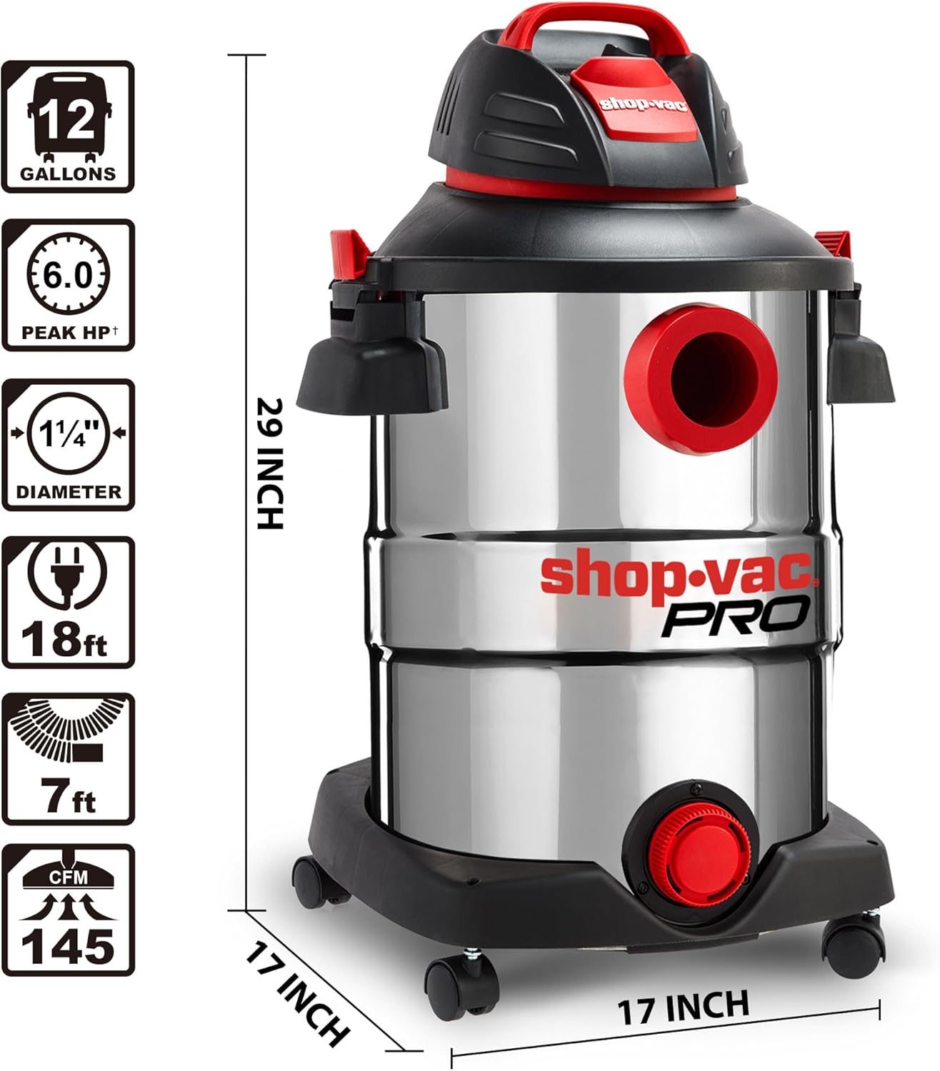 Shop-Vac® 12 Gallon 6.0 Peak HP Stainless Steel Wet/Dry Vacuum - Image 2